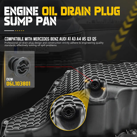 Oil Drain Plug Kit 1 Set With Install Tool 06L103801 for Audi VW with sump pan, showing hexagonal grid design, labeled OEM: 06L103801