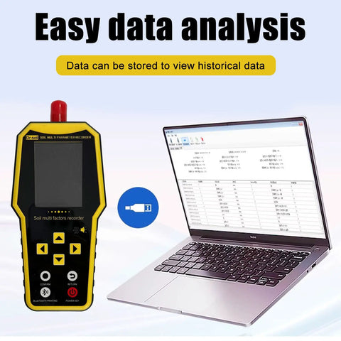 7 In 1 Handheld Soil Tester Kit With NPK And pH, Temperature, Moisture, And Conductivity EC Meter next to laptop