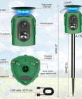 Animal Repeller Outdoor With PIR Sensor And Solar Power Cat And Deer Deterrent With 360 Degree Coverage For Garden Yard Farm Keeps Pests Out for garden use, 21-inch stake, green plastic, solar panel and USB cable