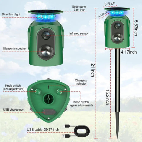 Animal Repeller Outdoor With PIR Sensor And Solar Power Cat And Deer Deterrent With 360 Degree Coverage For Garden Yard Farm Keeps Pests Out for garden use, 21-inch stake, green plastic, solar panel and USB cable