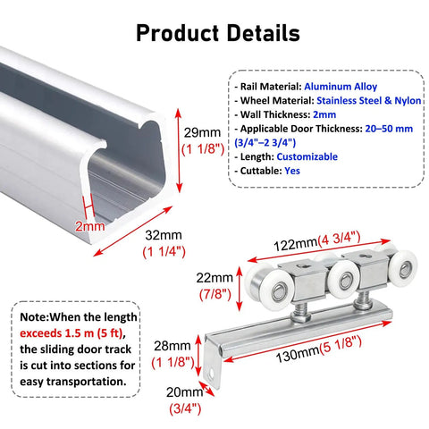 Product details of Premium Heavy Duty Aluminum Barn Door Rail Set Rock Solid Sliding Track Replacement Kit dimensions and materials.