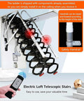 Top Shelf Electric Attic Ladder With Wireless Remote Control No Sweat Operation Smooth Retracting Foldaway Loft Stair featuring assembled components and safety handrail