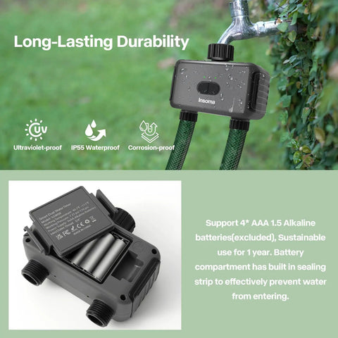 Smart Hose Timer with WiFi Hub for Automatic Lawn and Garden Irrigation, Alexa Compatible, showing battery compartment.