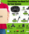 Effortless 100 Foot Drip Irrigation System Kit with diagram showing tube, nozzles, connectors, and setup items for garden use.