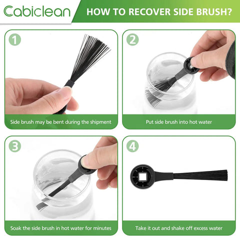 Instructions for recovering bent side brush for Replacement Parts Kit For AV2501S AV2501AE Robot Vacuums step by step images.