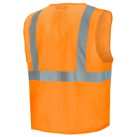 Stay Sharp And Legit On The Job With This Kickass Class 2 High Visibility Mesh Safety Vest Featuring Bold Reflective Tape For Traffic Control And Crew Jobs In Bright Orange, showing rear view with mesh fabric and reflective strips.