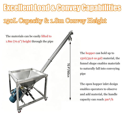 Powerful Inclined Spiral Convey Machine With 150 Liter Massive Hopper For Granular Materials High Capacity Bulk Lifter At 1.8 Meters Height.