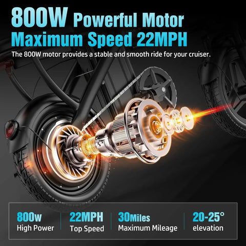 Electric Folding Bike For Adults And Teens With 800W Peak Motor 22 MPH Top Speed 30 Mile Range showing motor details