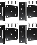 Heavy Duty Gate Hinges 4 Pack Black Iron 3.5 Inch Hinges For Wood Gates Sheds Barn Doors Fences Swing With 1.2 Inch Thick Solid Steel Construction Holds Up To 60 Lbs Screws Included Durable Hardware, showing front view of hinges and screws.