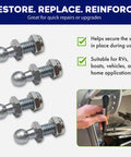 4 pack of 13mm Ball Stud With Nyloc Nuts Gas Lift Strut Support Fitting for quick repairs on RVs and vehicles.