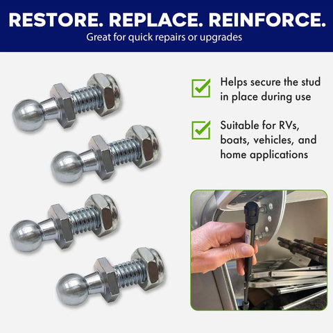 4 pack of 13mm Ball Stud With Nyloc Nuts Gas Lift Strut Support Fitting for quick repairs on RVs and vehicles.