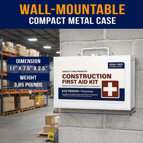 Everlit construction first aid kit in a white metal wall-mount box, 11 x 7.5 x 2.5 in, OSHA compliant