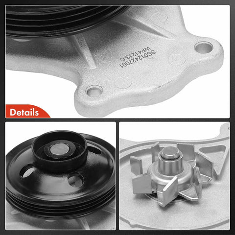 Top Shelf Engine Water Pump Straight Bolt Up Swap For Toyota Rav4 2016 2018 And Lexus NX300H 2015 2021 2.5L L4 close-up of aluminum housing and steel impeller.