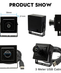 Front and side view of compact 50FPS Global Shutter USB Camera With Wide Angle Distortion Free Color Lens USB 2.0 Plug And Play, 3m cable