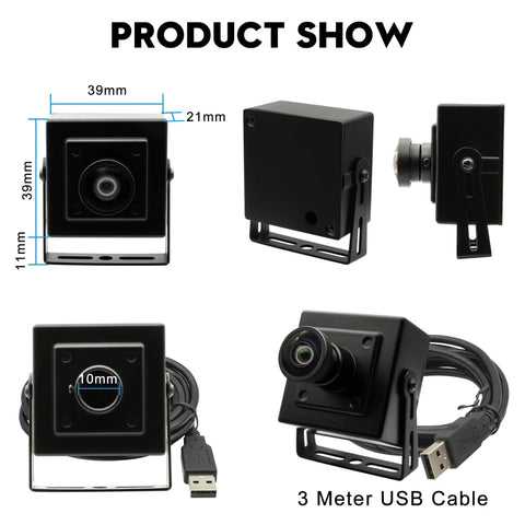 Front and side view of compact 50FPS Global Shutter USB Camera With Wide Angle Distortion Free Color Lens USB 2.0 Plug And Play, 3m cable