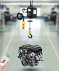 Heavy Duty Electric Lifting Hoist 1100 Lbs Load Capacity Plus 1500 Watt Motor Winch Crane lifting an engine with remote control in garage.