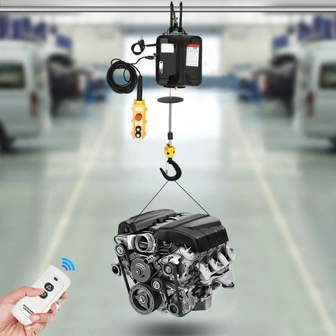 Heavy Duty Electric Lifting Hoist 1100 Lbs Load Capacity Plus 1500 Watt Motor Winch Crane lifting an engine with remote control in garage.