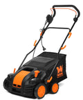Two In One Electric Dethatcher And Scarifier With 16 Inch Clearing Path 15 Amp Motor Collection Bag featured in a side view