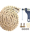 Gold 520 O Ring Chain 114 Links With Chain Breaker For Dirt Bikes ATVs UTVs 4 Wheelers Heavy Duty Master Link Beefs Up Your Ride With 7870 Lbs Tensile Strength Fits 520HV 114 Link Chains Up To 450cc