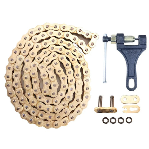 Gold 520 O Ring Chain 114 Links With Chain Breaker For Dirt Bikes ATVs UTVs 4 Wheelers Heavy Duty Master Link Beefs Up Your Ride With 7870 Lbs Tensile Strength Fits 520HV 114 Link Chains Up To 450cc