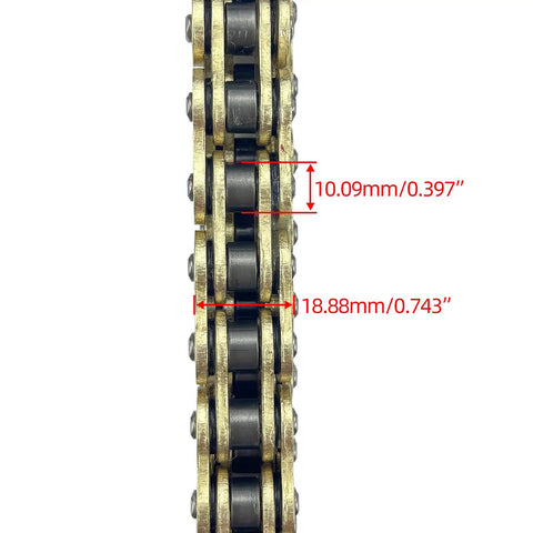 Close-up of 520 Beefed Up Heavy Duty Drive Chain With O Ring 120 Links Master Link And Chain Breaker Compatible dimensions shown.