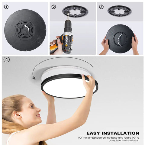 Six Pack 9 Inch LED Flush Mount Ceiling Lights 2880 Lumens Bright As Day 24W Day White 5000K 120V Slim Black Surface Mount Fixture For Kitchen Bedroom Living Room Any Room installation steps