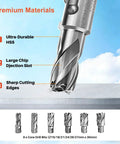 1400W Magnetic Drill Press With Six Coring Bits, 2 Inch Boring Diameter showing premium HSS drill bits and clear chip ejection features.