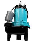 Heavy Duty Half Horsepower Submersible Sewage Effluent Pump Featuring Straight Up Automatic Float Switch and Rock Solid Epoxy Coated Cast Iron Body.