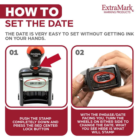 Instructions on setting date on Heavy Duty Self Inking Date Stamp With Sick Brush Stroke Design And Bold Red Ink For Serious Daily Office Hustle That Built Different And Made To Last The Long Haul.