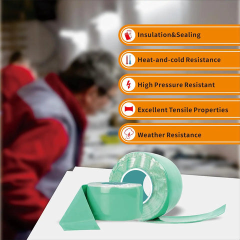 Green Self Fusing Silicone Repair Tape 16.4 Ft Long Waterproof And Heat Resistant for Quick Emergency Fixes displayed with features.