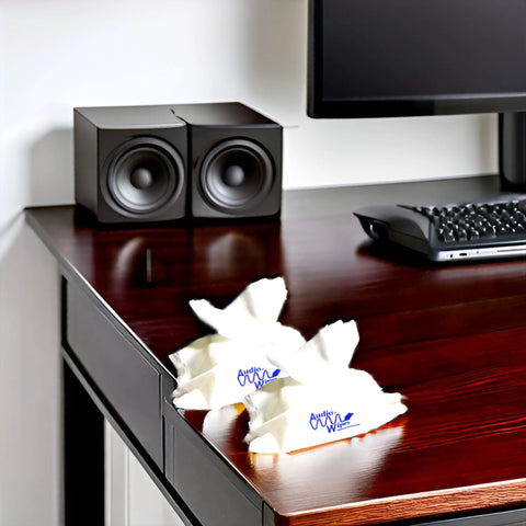 Audiowipes towelettes wrappers with blue logo on dark wood desk beside a computer keyboard