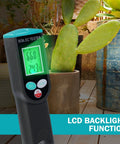 Pro Grade Soil EC Meter 2 In 1 Temperature Tester with Corded Sensor Backlit LCD Display in garden setting