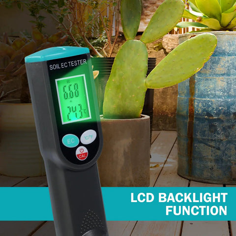 Pro Grade Soil EC Meter 2 In 1 Temperature Tester with Corded Sensor Backlit LCD Display in garden setting