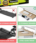 Comparison showing Under Desk Keyboard Tray with pull out keyboard and mousse in oak finish, steel glide track, and storage drawers