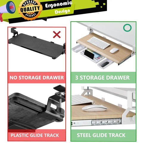 Comparison showing Under Desk Keyboard Tray with pull out keyboard and mousse in oak finish, steel glide track, and storage drawers