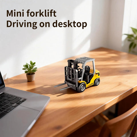 Mini One Sixty Fourth Scale RC Forklift Toy With 2 In 1 Transformable Lift Fork And Hook on wooden desk near laptop