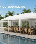 10x30 Party Tent With Removable Sidewalls And Dual Doors For Outdoor Fun, Waterproof Gazebo set up by a pool, white canopy