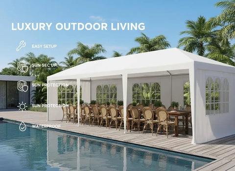 10x30 Party Tent With Removable Sidewalls And Dual Doors For Outdoor Fun, Waterproof Gazebo set up by a pool, white canopy