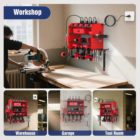 Heavy Duty Power Tool Organizer Wall Mount With Charging Station And Four Layer Garage Storage Shelves Keeps Four Drills Two Hooks Screwdriver Box And Screw Organizer Ready To Rock For Fathers Day Or Anniversary installed in workshop
