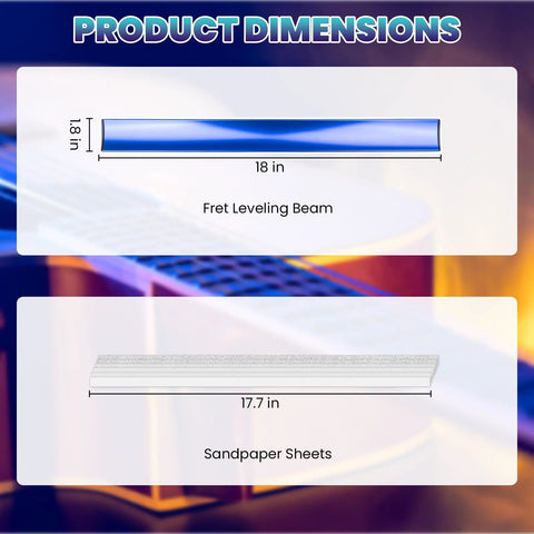18 Inch Fret Leveling Beam Guitar Fret Leveler Kit dimensions with sandpaper, showing 18 in beam and 17.7 in sheets.