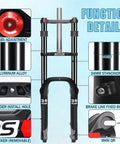 20 Inch Fat Tire Front Suspension Fork For Snow And Beach Mountain Bikes 180mm Travel 135mm Hub Spacing 9mm Quick Release One And One Eighth Inch Straight Steerer Oil Filled Ebike Fat Fork Double Crown with function details