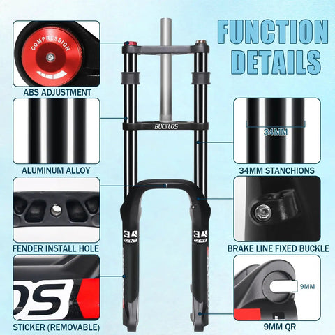 20 Inch Fat Tire Front Suspension Fork For Snow And Beach Mountain Bikes 180mm Travel 135mm Hub Spacing 9mm Quick Release One And One Eighth Inch Straight Steerer Oil Filled Ebike Fat Fork Double Crown with function details