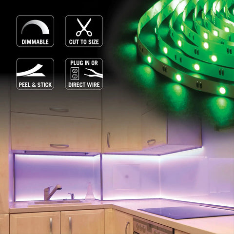 Hardwire 24V RGB Plus White LED Strip Light Kit Multicolor 16 Ft Cuttable And Reconnectable mounted under kitchen cabinets