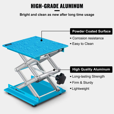 Beefy Heavy Duty Aluminum Lab Jack Stand 8x8 Inch Lifting Platform 88 lb capacity, scissor lift with blue powder-coated surface and label.