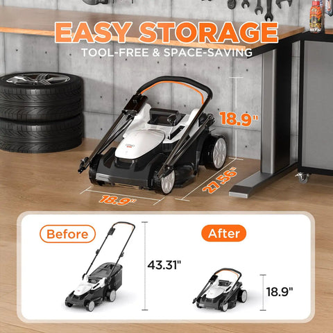 Cordless Brushless Electric Lawn Mower With 16.5 Inch Cutting Width, 6-Position Height Adjustments, Dual 4.0Ah Batteries, Mows Up To 2,700 Sq Ft On One Charge, Lightweight Yard Workhorse For Small To Medium Lawns, folded for easy storage