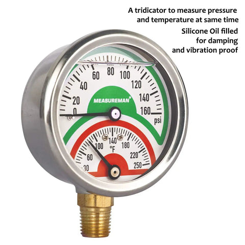 Tridicator Thermo Manometer With Silicone Oil Fill, Two And A Half Inch Dial, Stainless Steel Case, 0 To 160 Psi And 30 To 250 Degrees Fahrenheit