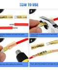 How to use Rock Solid 135 Piece Heat Shrink Wire Connector Kit, showing wire stripping and crimping process for connectors.