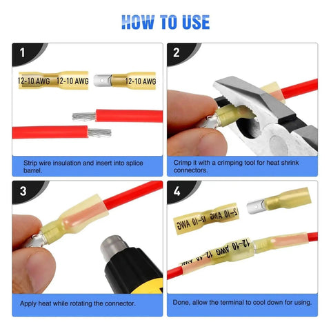 How to use Rock Solid 135 Piece Heat Shrink Wire Connector Kit, showing wire stripping and crimping process for connectors.