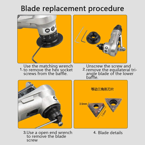 Blade replacement procedure for Heavy Duty Handheld Pneumatic Chamfering Machine With A Nifty Swivel Tip.