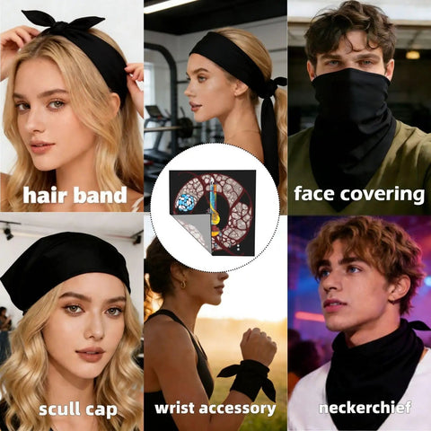Soft And Silky Square Scarf With Premium Dope Belt Inspired Print shown as versatile hair band, face covering, skull cap, wrist accessory, neckerchief.